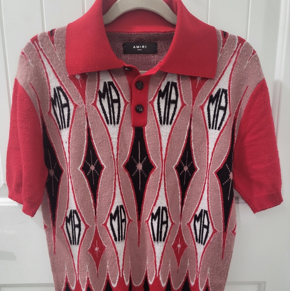 AMIRI Argyle Jacquard Knit Cotton Polo Shirt Red